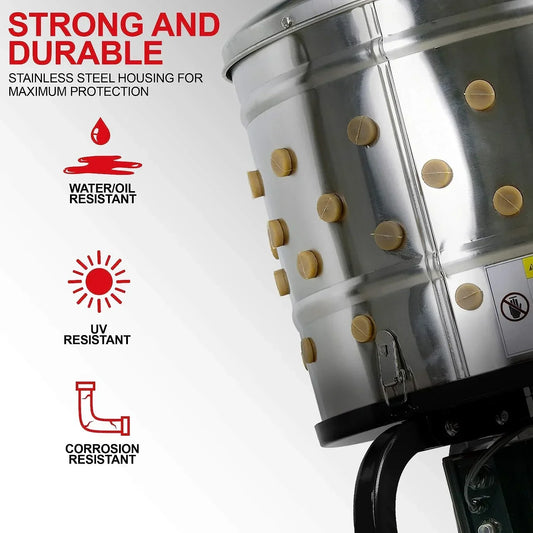 Kitchener Chicken Plucker De-Feather Remover Poultry and Fowl Food Processor Electric Stainless Steel Heavy Duty 1HP 120VAC 280RPM GFCI Connector 92 Soft Fingers 20" Drum Diameter