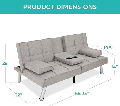 Best Choice Products Linen Upholstered Modern Convertible Folding Futon Sofa Bed for Compact Living Space, Apartment, Dorm, Bonus Room w/Removable Armrests, Metal Legs, 2 Cupholders - Gray