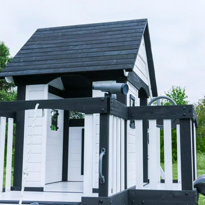 Backyard Discovery Canyon Creek Cedar Wood Swing Set with Wave Slide, Clubhouse, Play Kitchen, Picnic Area, Belt Swings, Web Swing, Rock Wall, Balconies, Playhouse, Step Ladder, Outdoor Playset
