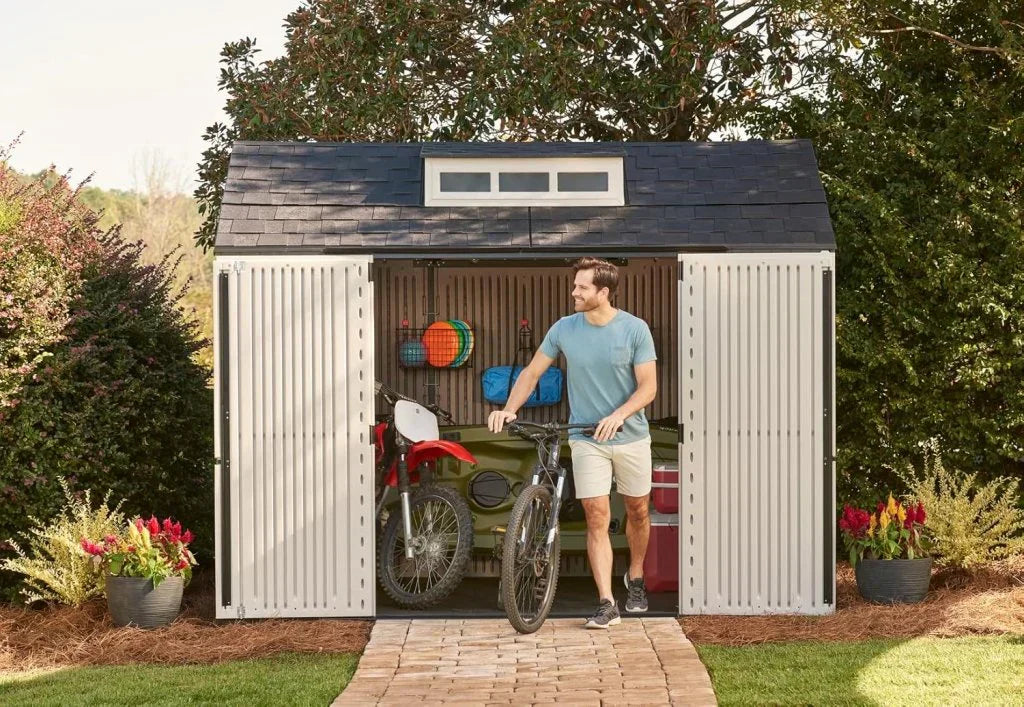 Rubbermaid Resin Outdoor Storage Shed With Floor (7 x 7 Ft) Weather Resistant Gray Organization for Home/Backyard/Garden Tools/Lawn Mower/Bike Storage/Pool Supplies
